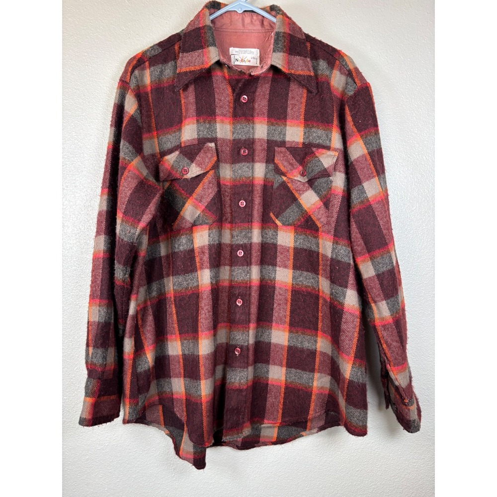 Vintage Nofade Plaid‎ Flannel Shirt Acrylic Brown Orange Gray Mens Large